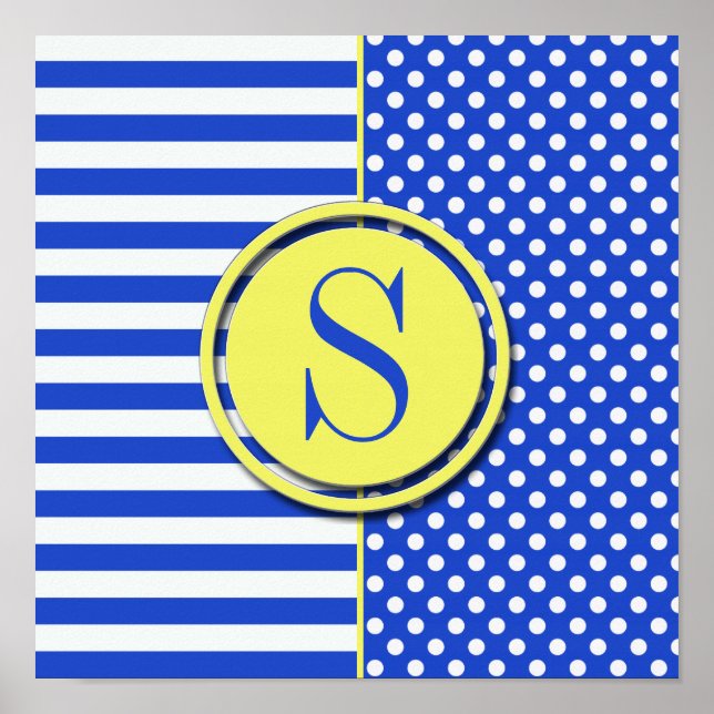 Poster Bolinhas azuis reais e Stripes-Monograma (Frente)