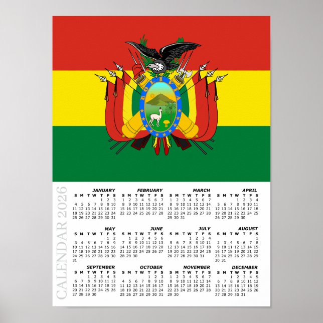 Poster Bolivia 2026 Calendar, Large, Bolivian Flag (Frente)