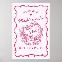 Poster Bolo Coqueteiro Retro Coração Rosa, Aniversário Be