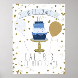 Poster Bolo de 1º Aniversário Blue & Gold Sugar is Sweet