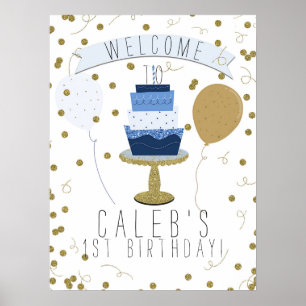 Poster Bolo de 1º Aniversário Blue & Gold Sugar is Sweet