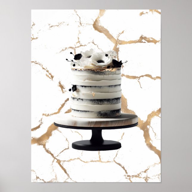 Poster Bolo de Andares Floral Preto e Branco Dourado Chá  (Frente)