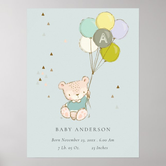 Poster Bolo de Aniversário de Urso de Aqua Fofo com Monog (Frente)