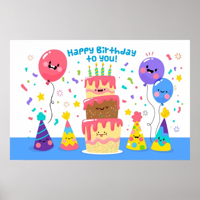 Poster Bolo De Aniversário E Balões De Sorriso (Frente)