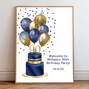 Poster Bolo de Balão Azul Marinho de 90 Anos de Idade Bem