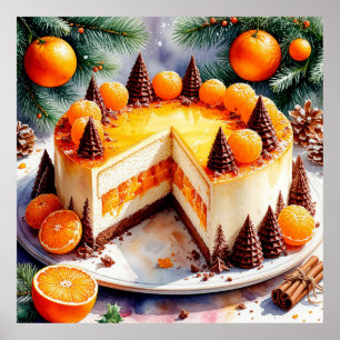 Poster Bolo de Camadas de Laranja Festiva Com Árvores de