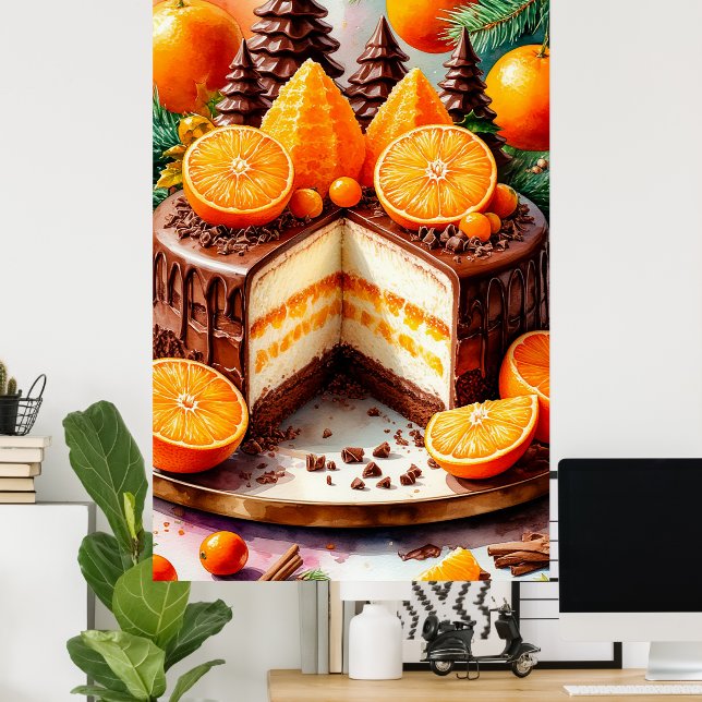 Poster Bolo de Camadas Laranja Festivo Com Árvores de Cho (Escritório em casa)