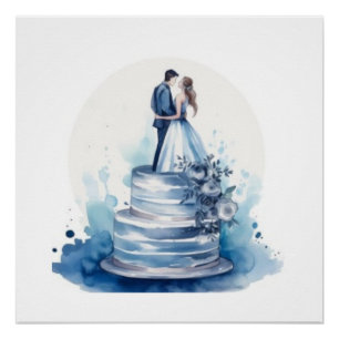 Pôster Bolo de Casamento Floral Azul Elegante em Aquarela