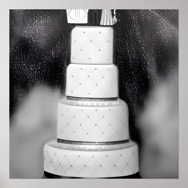 Poster Bolo de Casamento Retro Branco e Preto (Frente)