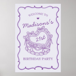 Poster Bolo de Coquetes de Coração Roxo Aniversário Bem-v