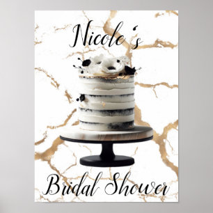 Poster Bolo Floral Preto e Branco Dourado em Camadas Chá 