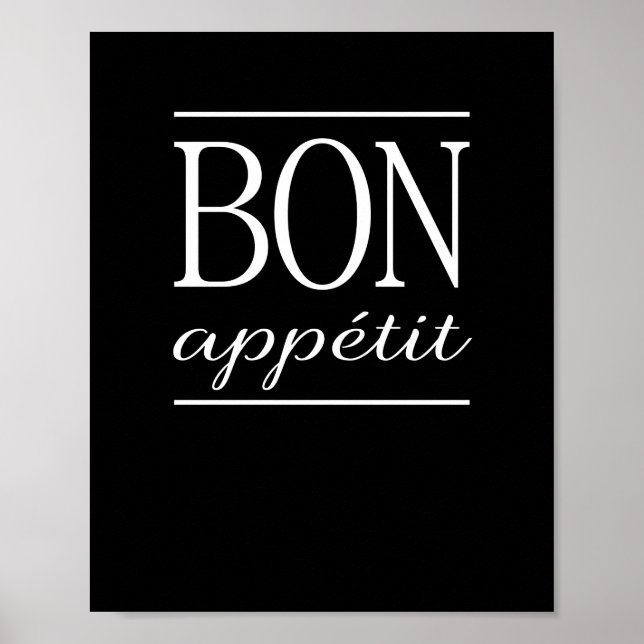 Pôster Bom apetite Citação de jantar na cozinha preta (Frente)
