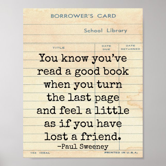 Poster Bom Livro Perdeu um amigo Paul Sweeney Citação Art (Frente)