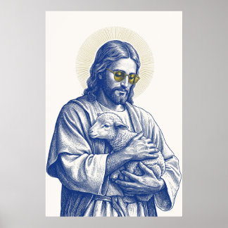 Poster Bom Pastor com Cordeiro em Óculos de Sol Dourados
