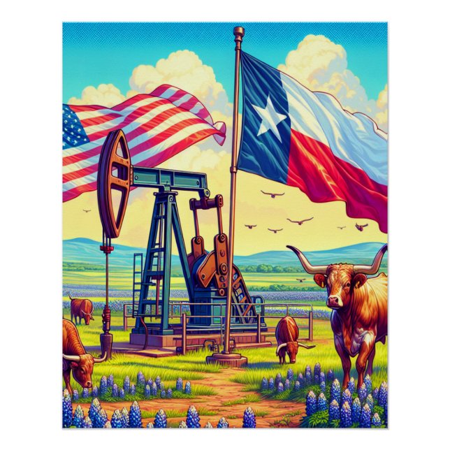 Pôster Bomba de petróleo e gado Longhorn no Texas (Frente)