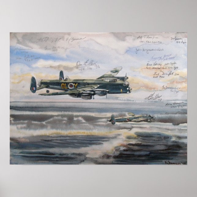 Pôster Bombardeiro Lancaster sobre canetas bombardeadas e (Frente)