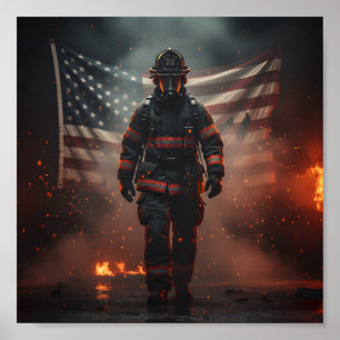 Poster Bombeiro Heroico com Bandeira Americana Patriótica