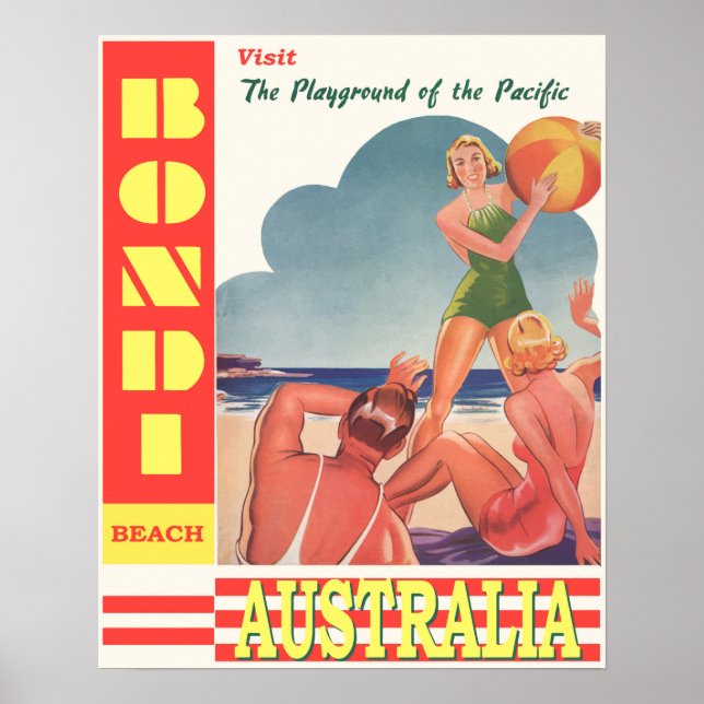 Poster Bondi Beach, Austrália, Retro Viagem (Frente)