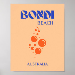 Poster Bondi Beach, Preppy Art, Orange, Blue