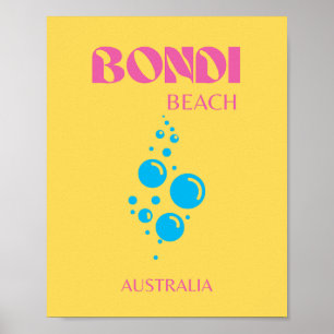 Poster Bondi Beach, Viagem Art, Preppy, Amarelo, rosa