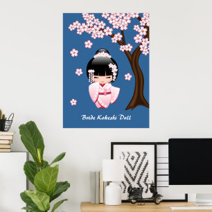 Pôster Boneca branca de Kokeshi do quimono - menina de