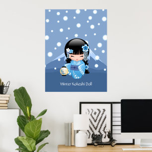 Poster Boneca de inverno Kokeshi - Garota Geisha Blue Mou