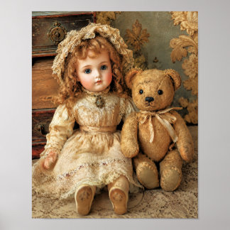 Poster Boneca de porcelana antiga & Urso de pelúcia