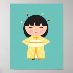 Poster Boneca Japonesa Kimono Amarela