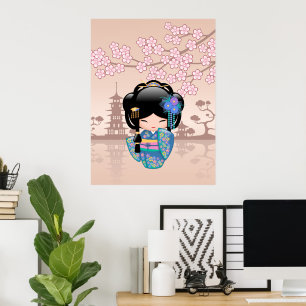 Poster Boneca Keiko Kokeshi - Rapariga Kimono Geisha Azul