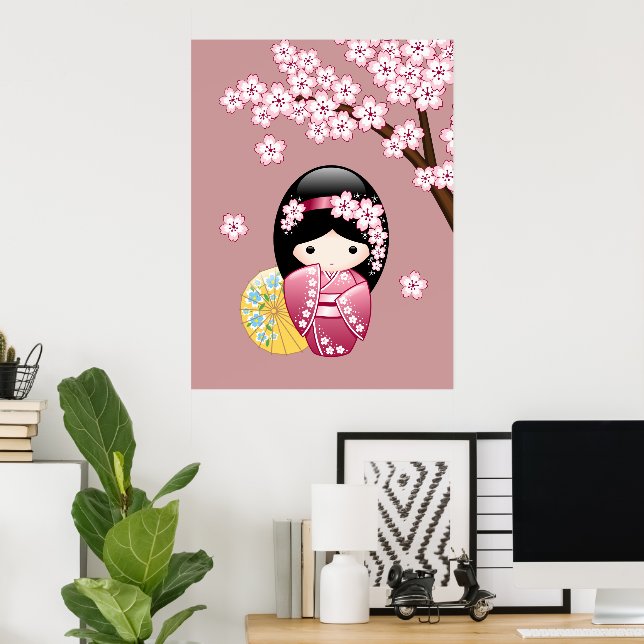 Pôster Boneca Kokeshi da Primavera - Geisha Japonesa Fofa (Escritório em casa)