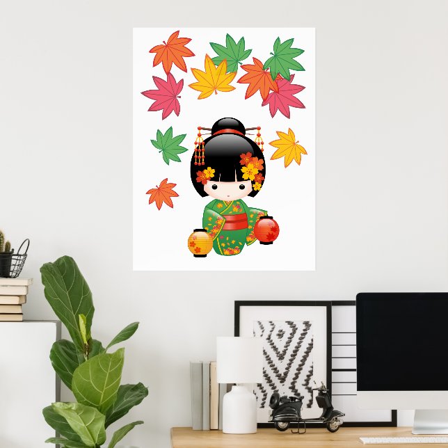 Pôster Boneca Kokeshi de Outono - Garota Geisha com Quimo (Escritório em casa)