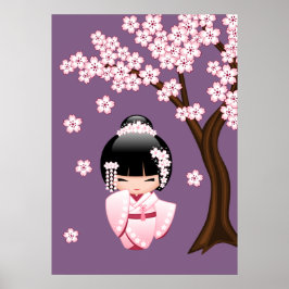 Pôster Boneca Kokeshi de Quimono Branco - Garota Geisha F