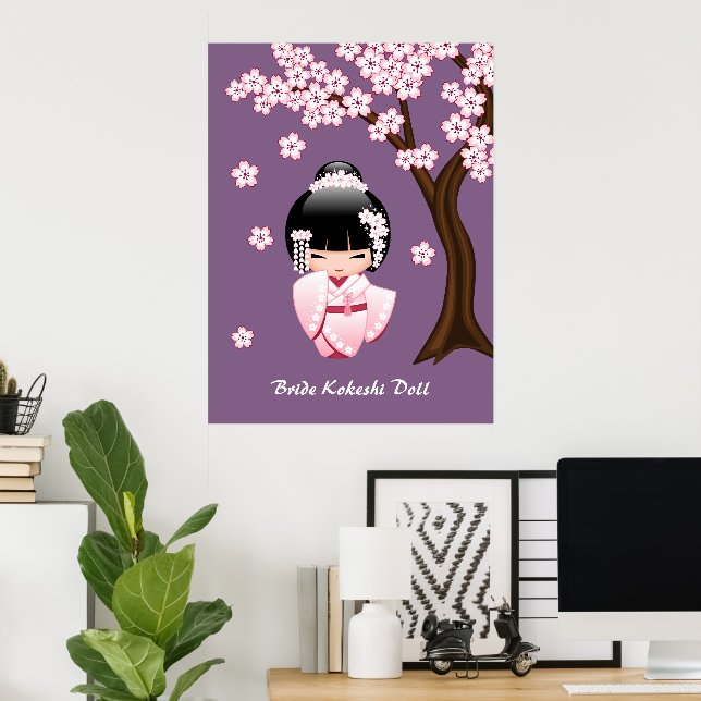 Pôster Boneca Kokeshi de Quimono Branco - Garota Geisha F (Escritório em casa)