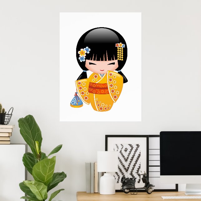 Pôster Boneca Kokeshi de Verão - Garota Geisha com Quimon (Escritório em casa)