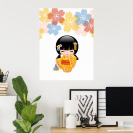 Pôster Boneca Kokeshi de Verão - Garota Geisha com Quimon