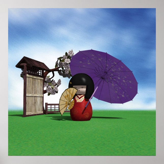 Poster Boneca Kokeshi Japonesa Arte de Flor de Cerejeira (Frente)