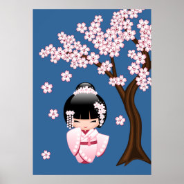 Poster Boneca Kokeshi Kawaii de Quimono Rosa em Azul