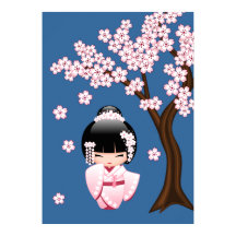 Boneca Kokeshi Kawaii de Quimono Rosa em Azul