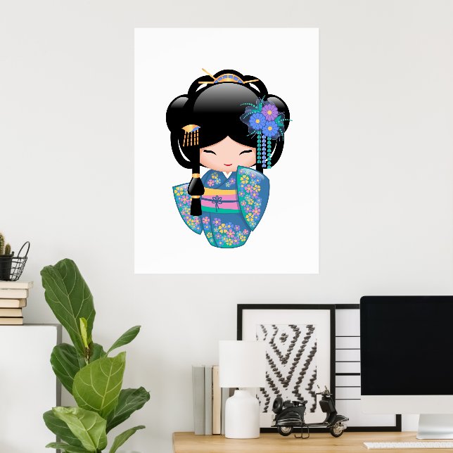 Pôster Boneca Kokeshi Keiko - Garota Geisha de Quimono Az (Escritório em casa)