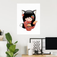 Boneca Kokeshi Kitsune - Garota Geisha Raposa Pret