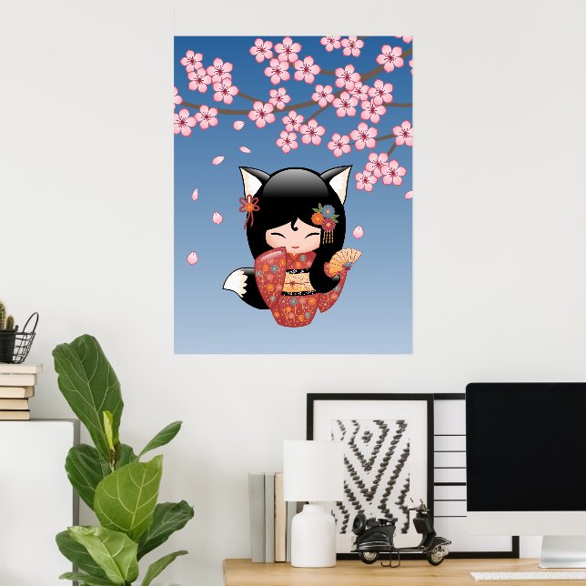 Pôster Boneca Kokeshi Kitsune - Garota Geisha Raposa Pret (Escritório em casa)