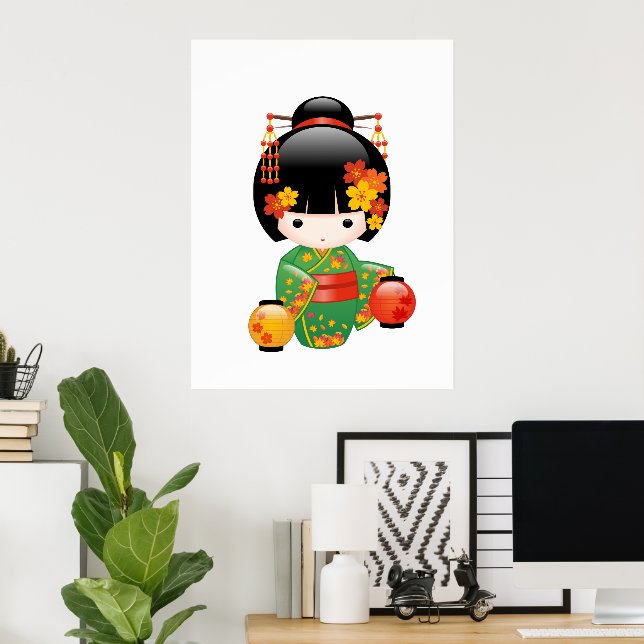Pôster Boneca Kokeshi Outono - Garota Geisha Quimono Verd (Escritório em casa)