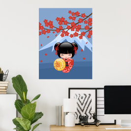 Pôster Boneca Kokeshi Sakura Vermelha - Garota Geisha Fof