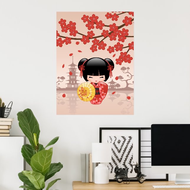 Pôster Boneca Kokeshi Sakura Vermelha - Geisha Japonesa (Escritório em casa)