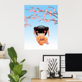 Poster Boneca Kokeshi Ume - Garota Geisha Japonesa Azul