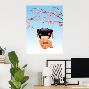 Poster Boneca Kokeshi Ume - Garota Geisha Japonesa Azul