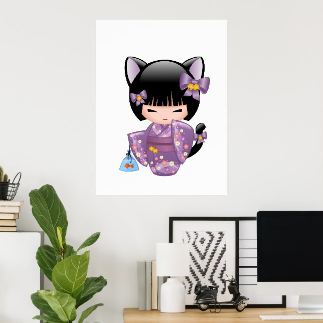 Poster Boneca Neko Kokeshi - Garota Geisha com Orelhas de (Escritório em casa)