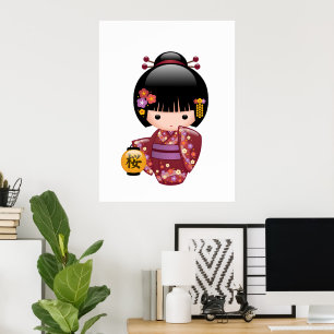 Poster Boneca Sakura Kokeshi - Garota Geisha em Pêssego