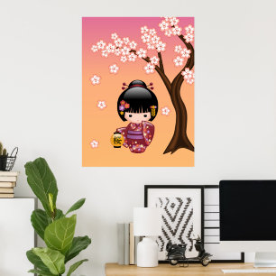 Pôster Boneca Sakura Kokeshi - Garota Geisha em Pêssego