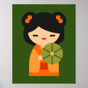 Poster Bonecas japonesas laranja-brancas Kokeshi